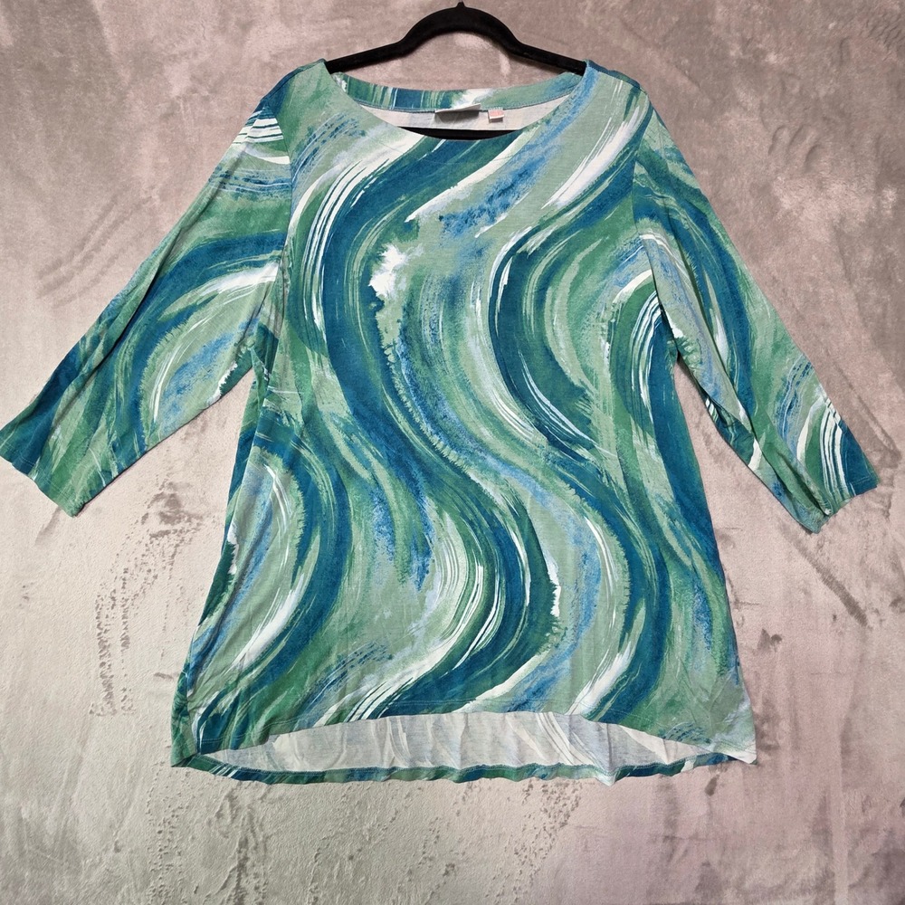 Belle by Kim Gravel Womens 1X Green Blue Abstract Swirl 3/4 Sleeve High Low Top